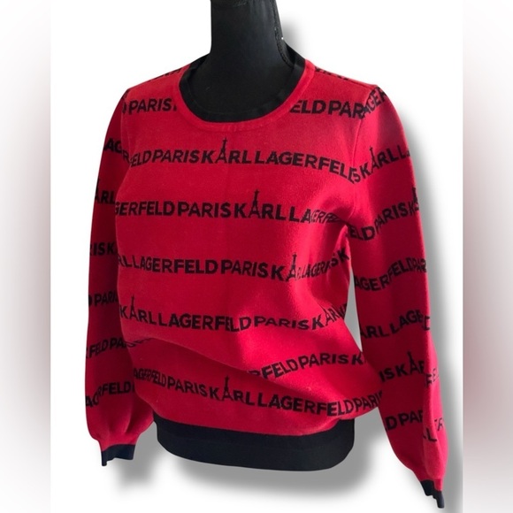KARL LAGERFIELD PARIS ALLOVER PRINT CREWNECK SWEATER  Red Black Medium - Picture 1 of 11